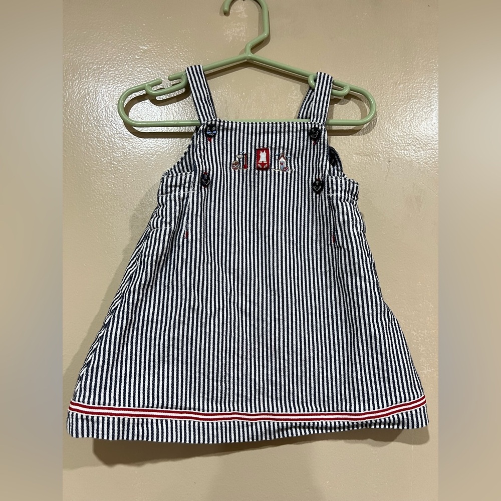 Jacadi Navy and White Striped Dress with Red Embroidery